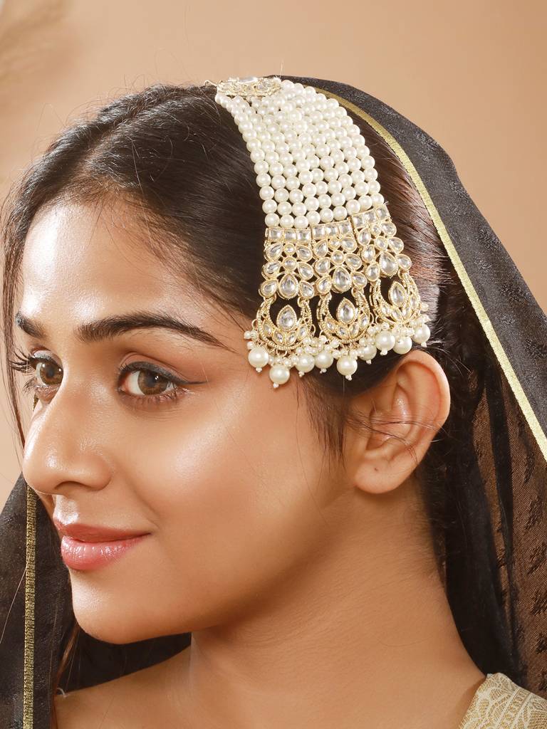 Gold-Plated Kundan Studded Jhumar Passa Head Jewellery : PASSA-JS24-13005