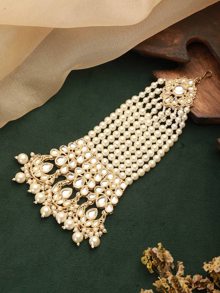 Gold-Plated Kundan Studded Jhumar Passa Head Jewellery : PASSA-JS24-13005
