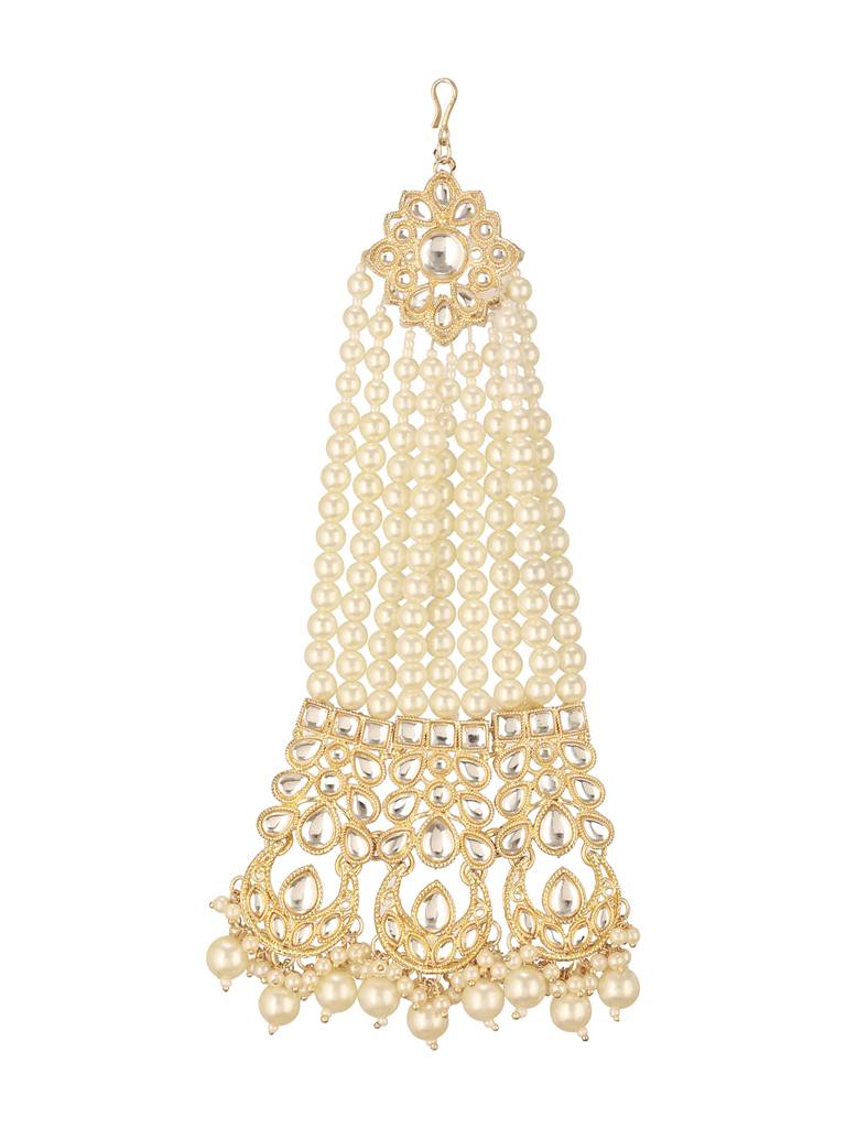 Gold-Plated Kundan Studded Jhumar Passa Head Jewellery : PASSA-JS24-13005