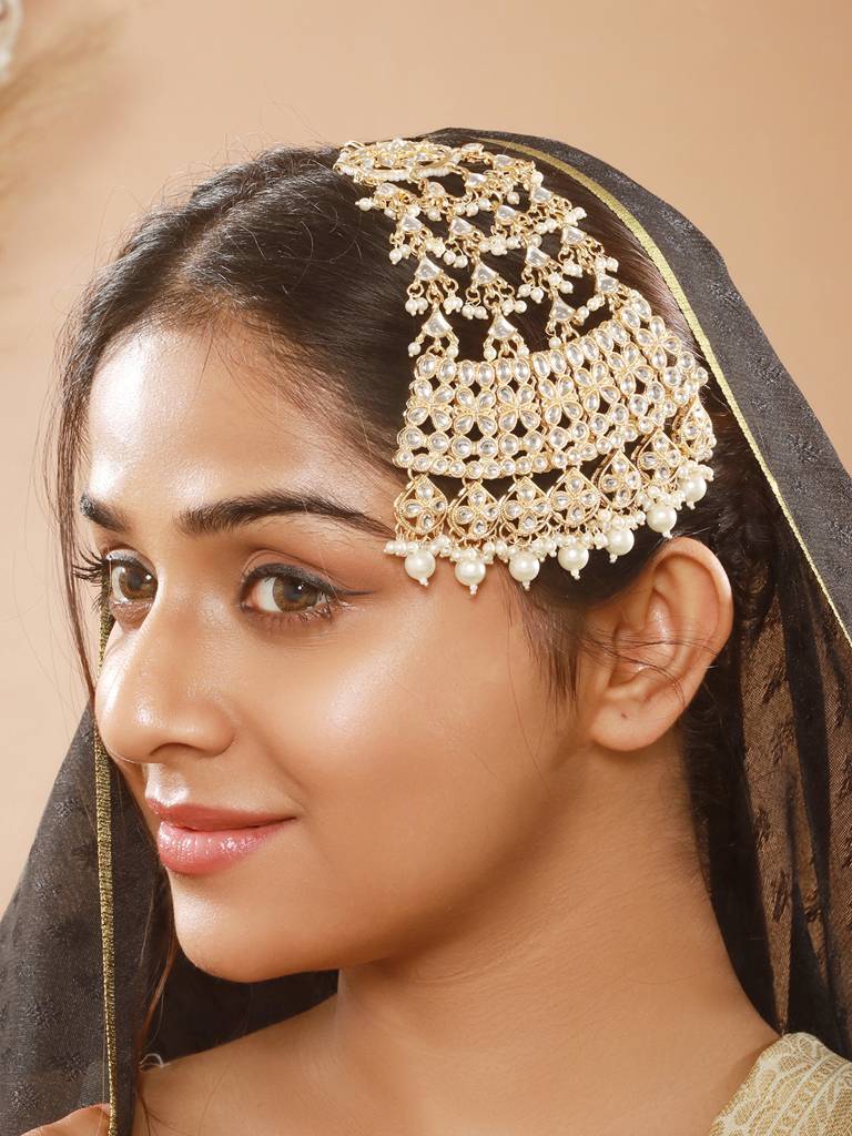 Gold Plated Kundan Studded Jhumar Passa Head Jewellery : PASSA-JS24-13007