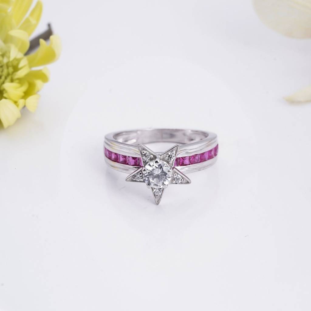 Silver 1Ct Moissanite & Ruby Star Ring : ZLM10033_10