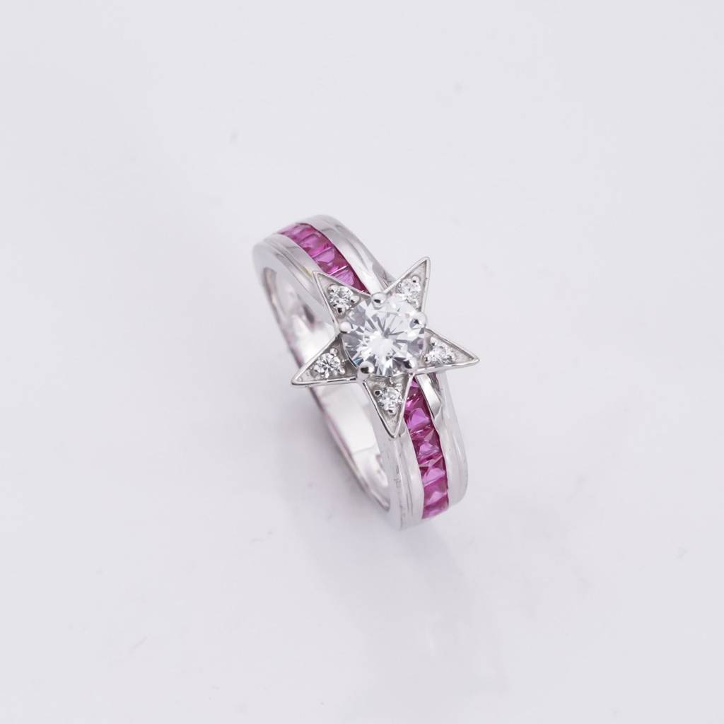 Silver 1Ct Moissanite & Ruby Star Ring : ZLM10033_10
