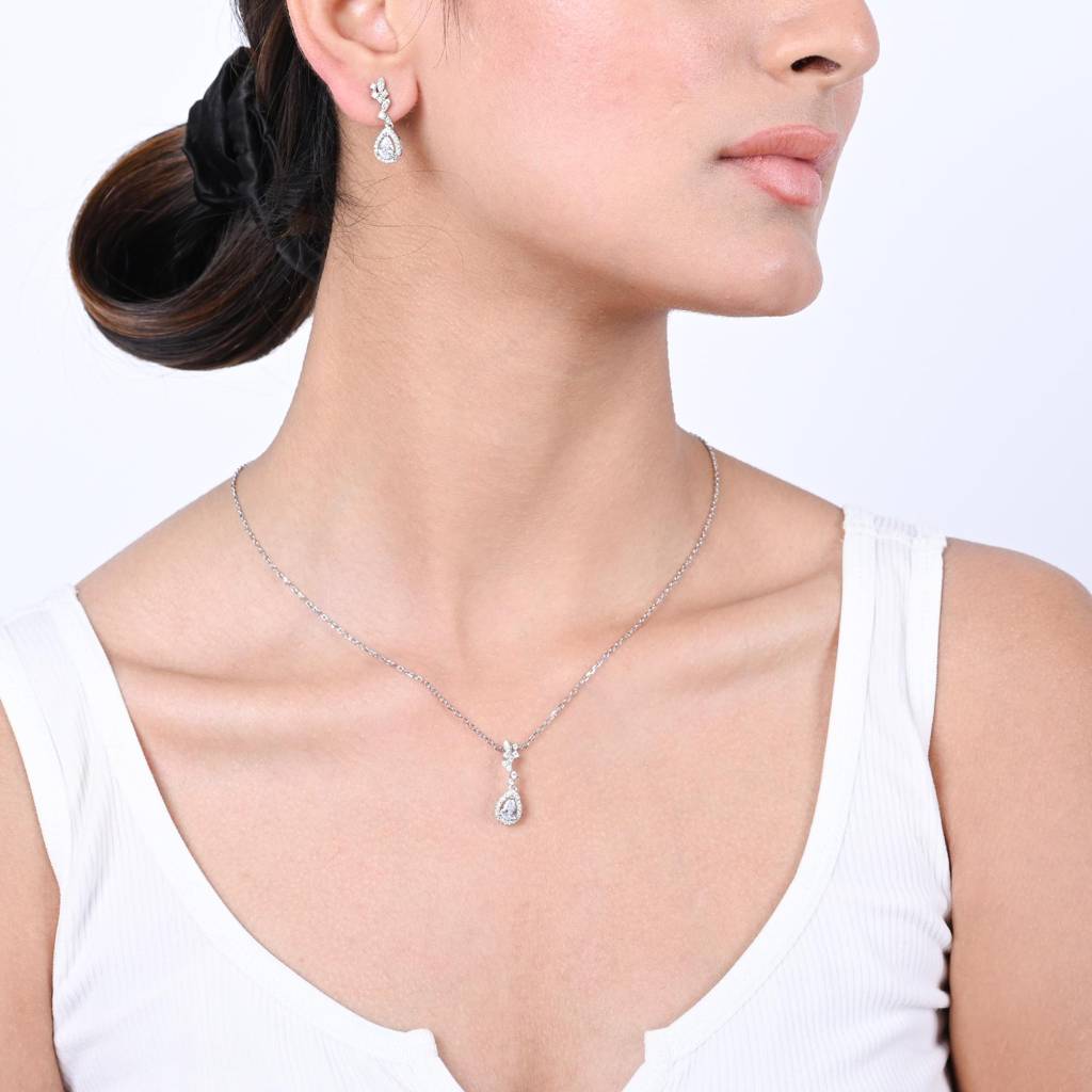 Diamond Cascade Necklace Set With Earrings