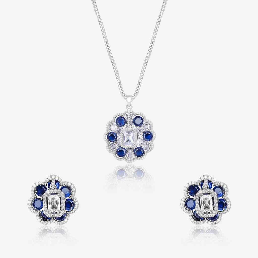 Elegant Midnight Blossomsilver Pendant Set With Earrings