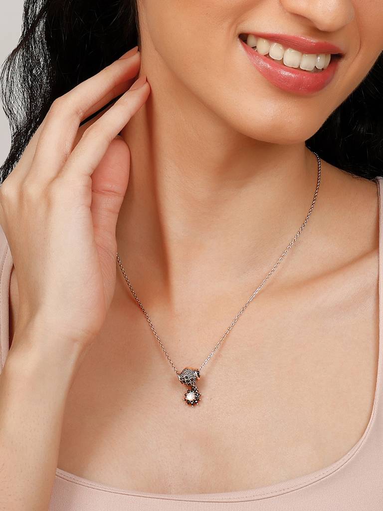 GIVA 925 Sterling Silver Oxidised Silver White Stone Pendant with Link Chain
