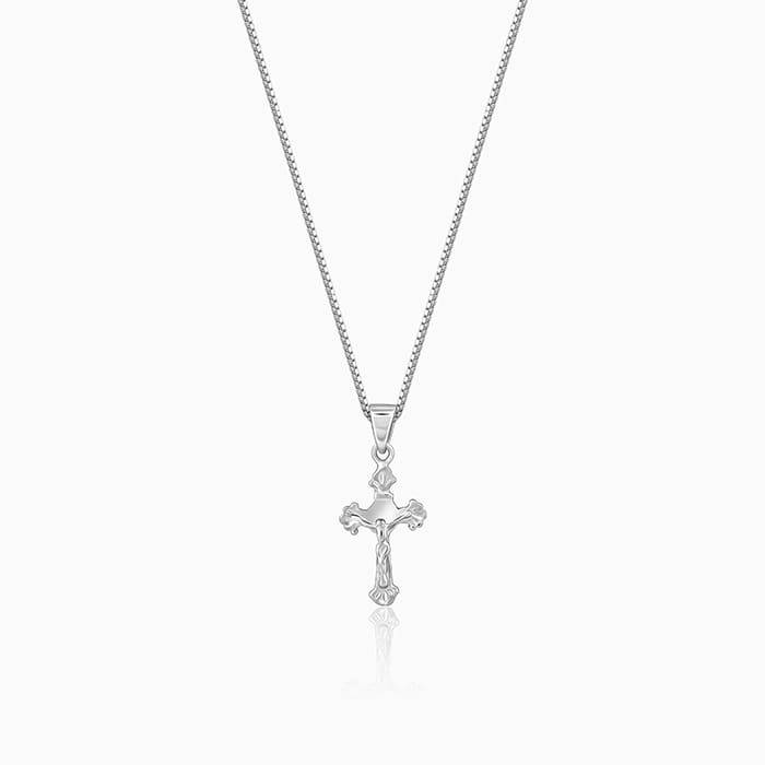 Silver Striped Cross Pendant With Box Chain For Him : PD01149