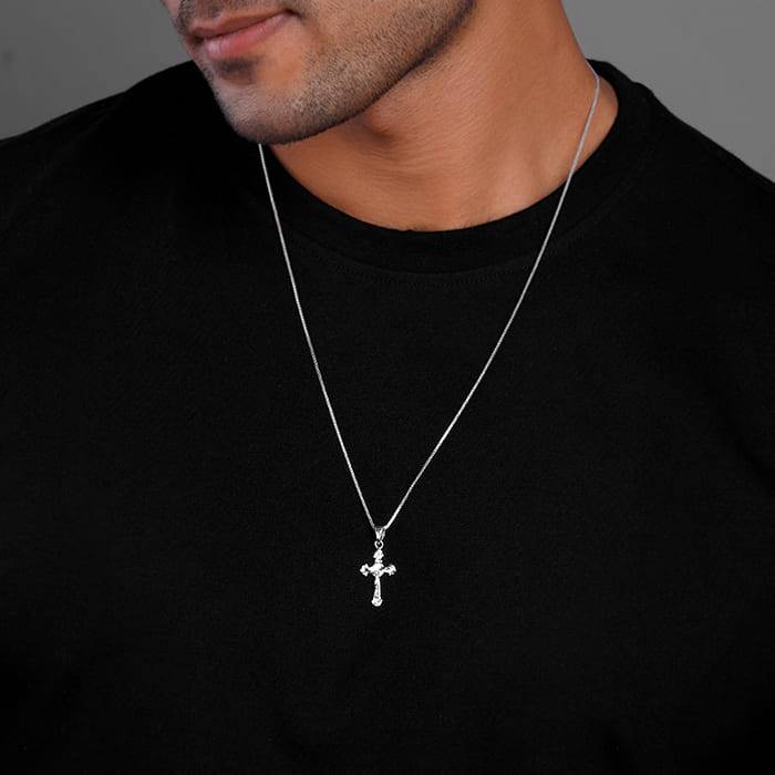 Silver Striped Cross Pendant With Box Chain For Him : PD01149