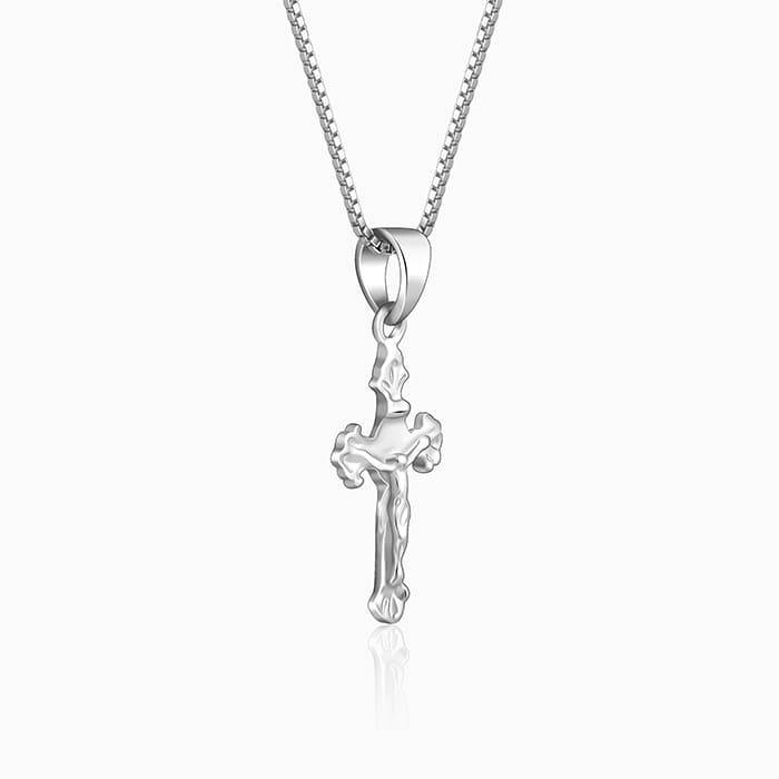Silver Striped Cross Pendant With Box Chain For Him : PD01149