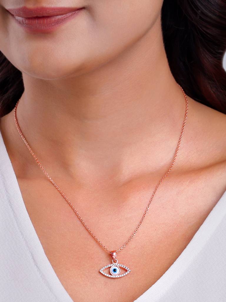 Silver Rose Gold Evil Eye Pendant With Link Chain : PD01268