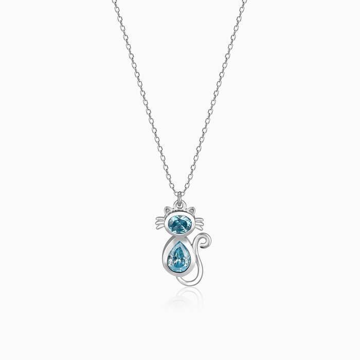 Silver Cat In Blue Pendant With Link Chain : PD01288