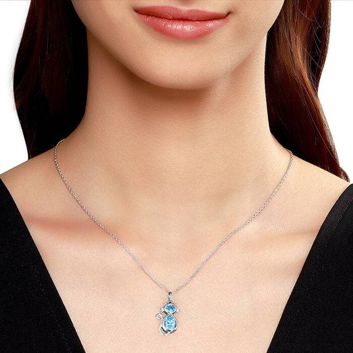Silver Cat In Blue Pendant With Link Chain : PD01288