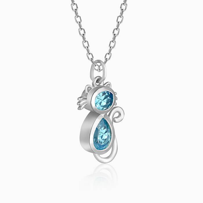 Silver Cat In Blue Pendant With Link Chain : PD01288