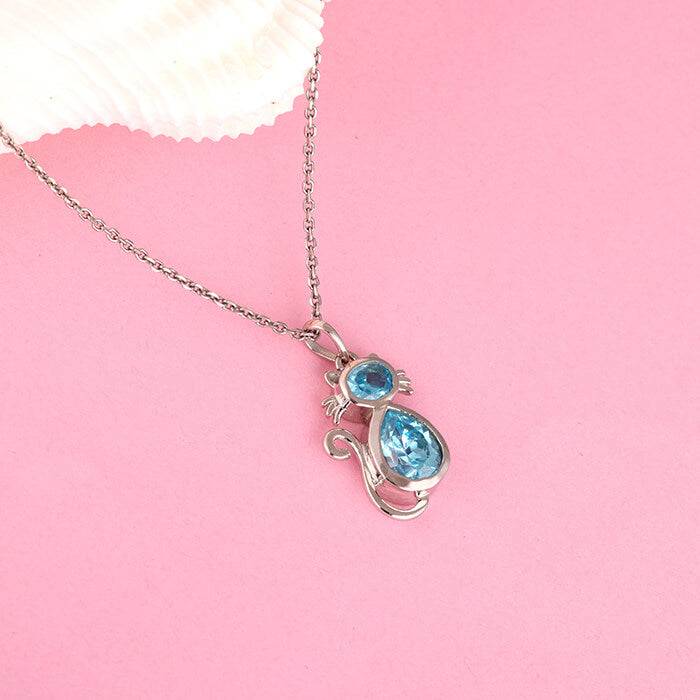 Silver Cat In Blue Pendant With Link Chain : PD01288