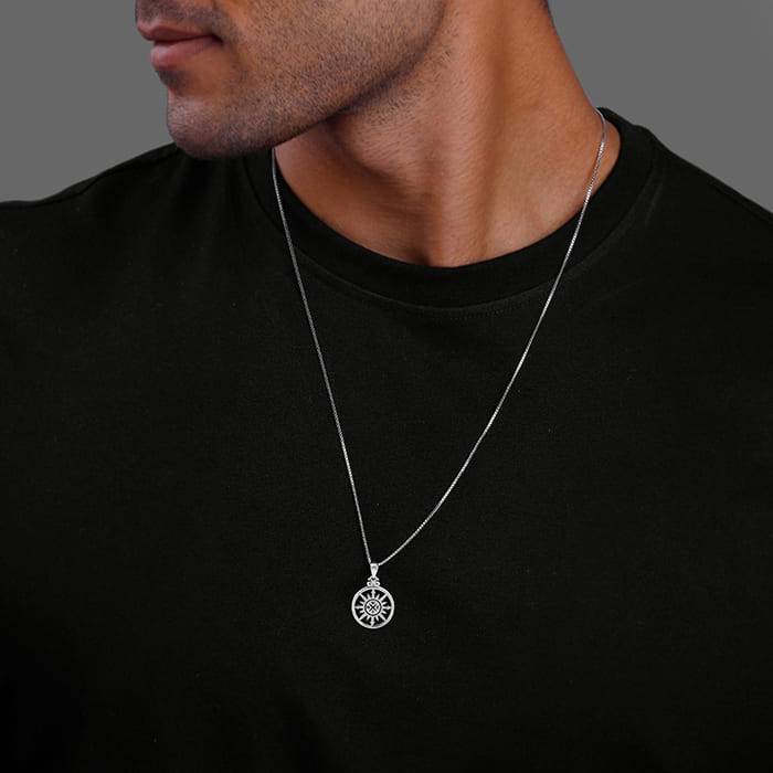 Silver Compass Of Life Pendant With Box Chain For Him : PD01292