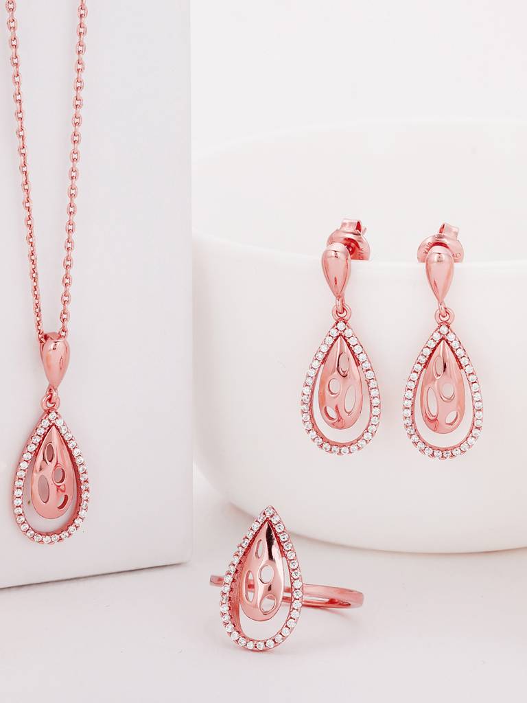GIVA 925 Sterling Silver Rose Gold Intricate Teardrop Set of Three