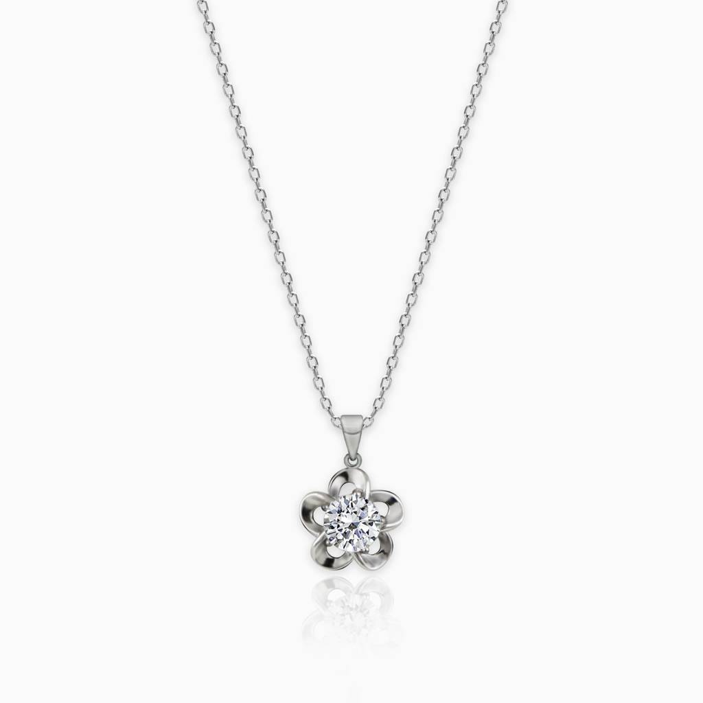 Silver Zircon Flower Pendant With Link Chain : PD0130