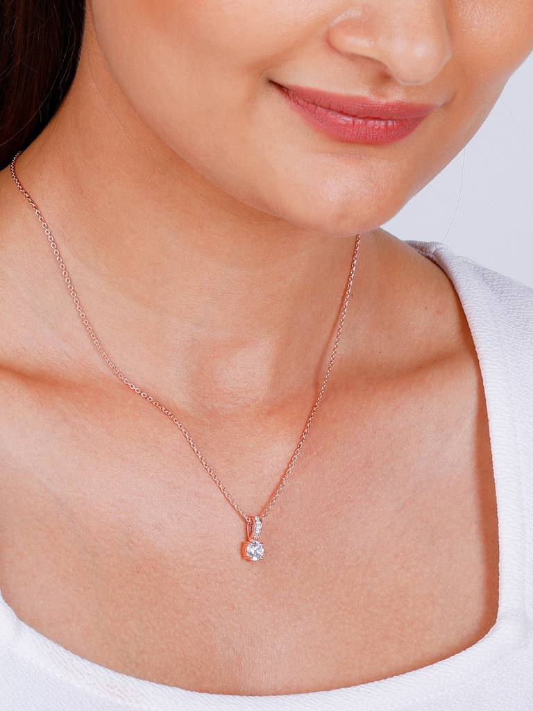 GIVA 925 Sterling Silver Rose Gold Classic Zircon Pendant with Link Chain