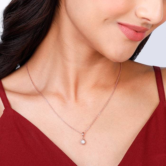 925 Silver Rose Gold Minimal Zircon Pendant With Link Chain : PD0140
