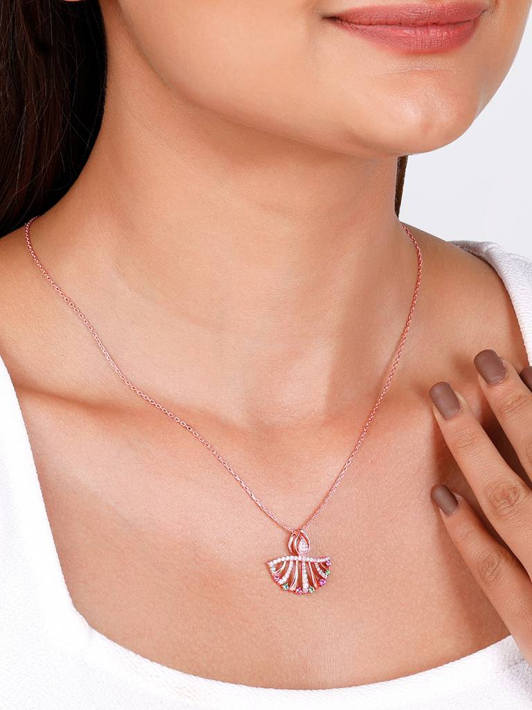 GIVA 925 Sterling Silver Rose Gold Diya Inspired Pendant with Link Chain