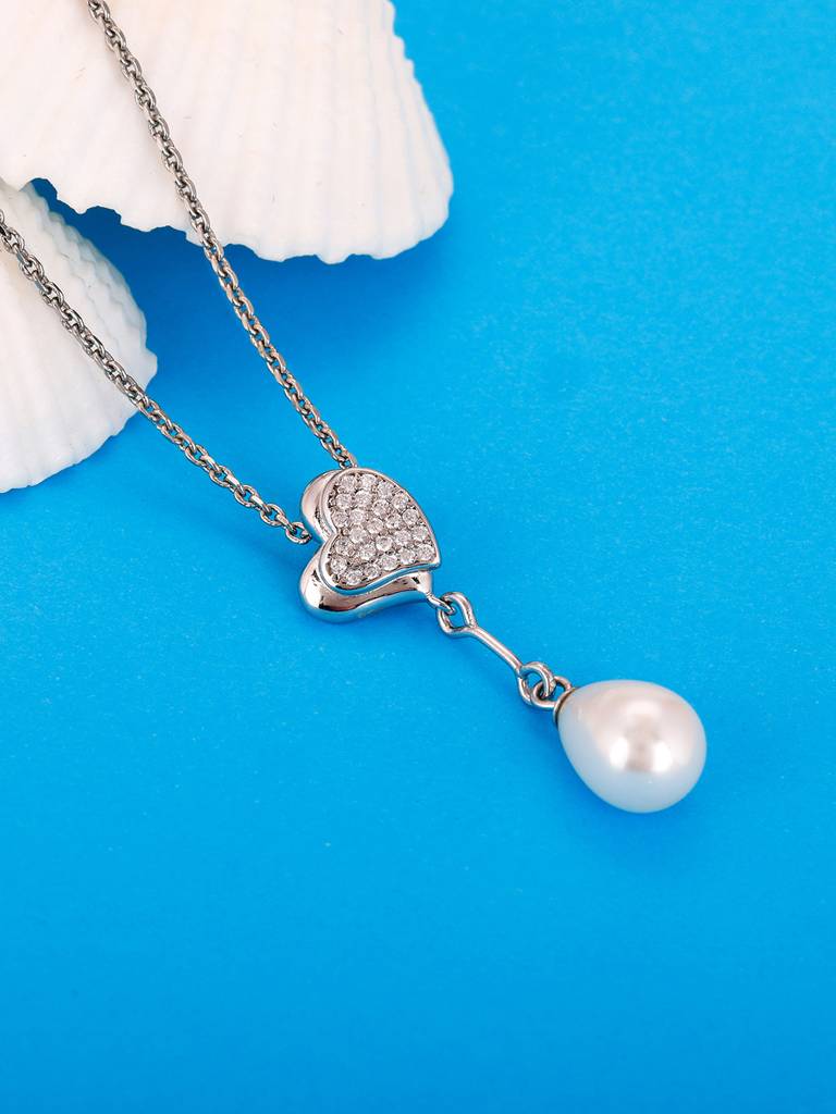 GIVA 925 Sterling Silver Sparkling Hearts and Pearl Pendant with Link Chain