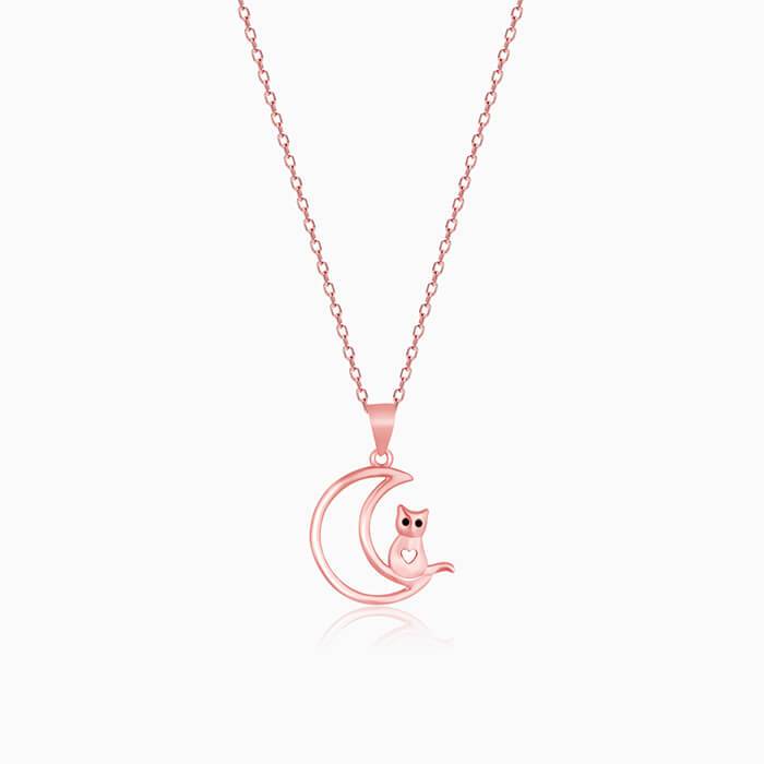 Rose Gold Cat In Crescent Moon Pendant With Link Chain : PD01526