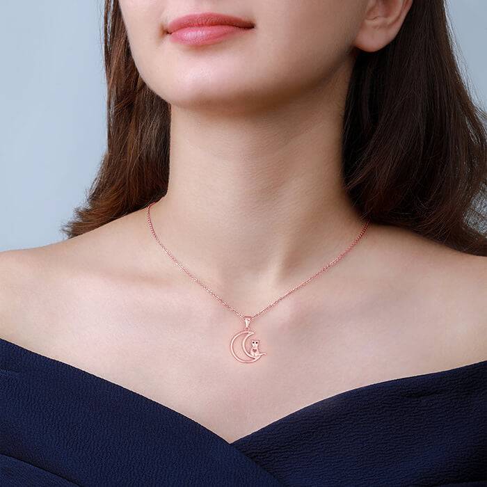 Rose Gold Cat In Crescent Moon Pendant With Link Chain : PD01526
