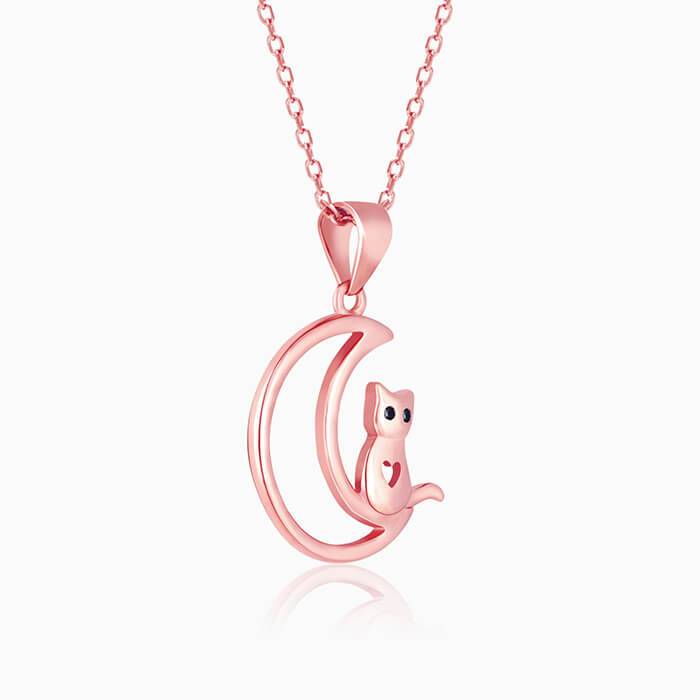 Rose Gold Cat In Crescent Moon Pendant With Link Chain : PD01526