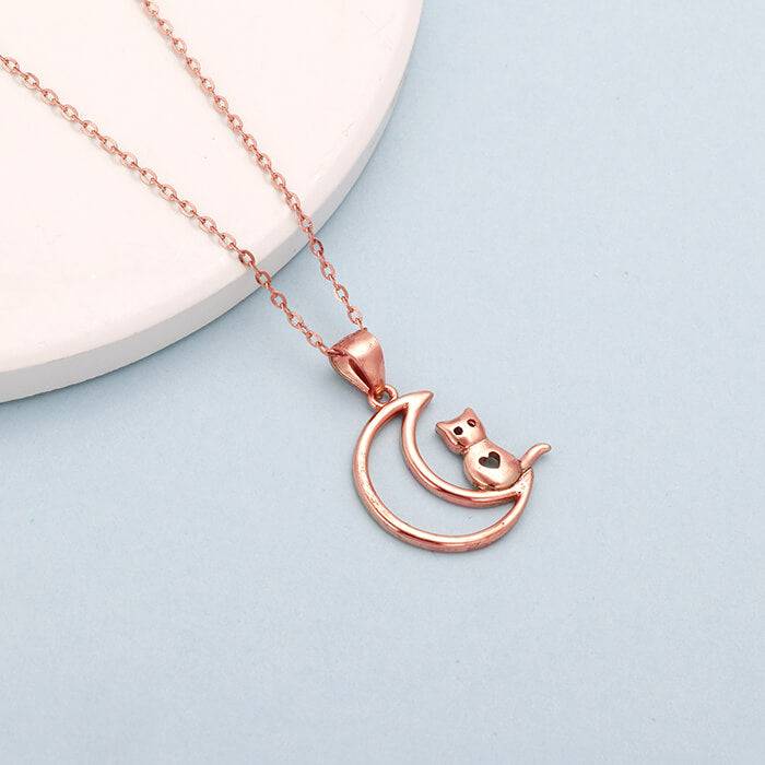 Rose Gold Cat In Crescent Moon Pendant With Link Chain : PD01526