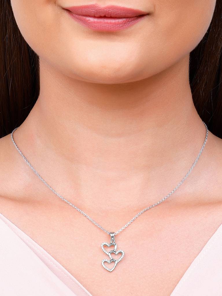 GIVA 925 Sterling Silver Zircon Studded Stacked Hearts Pendant