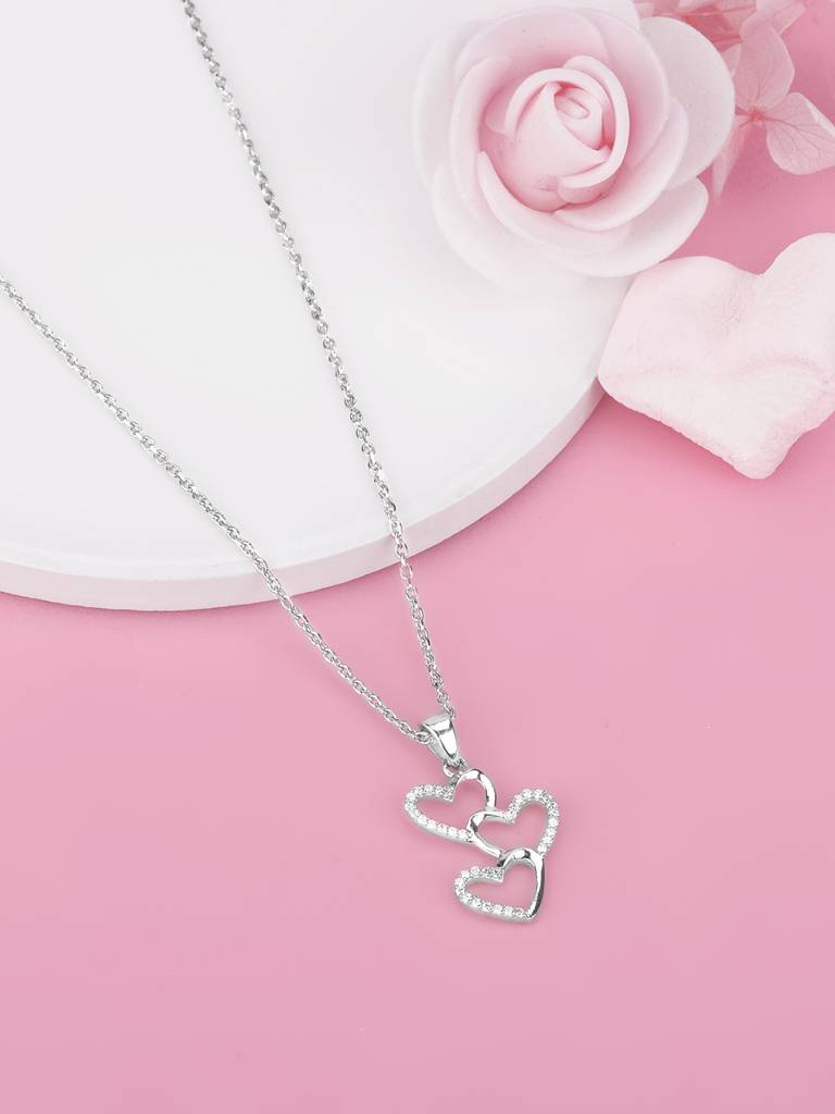 GIVA 925 Sterling Silver Zircon Studded Stacked Hearts Pendant