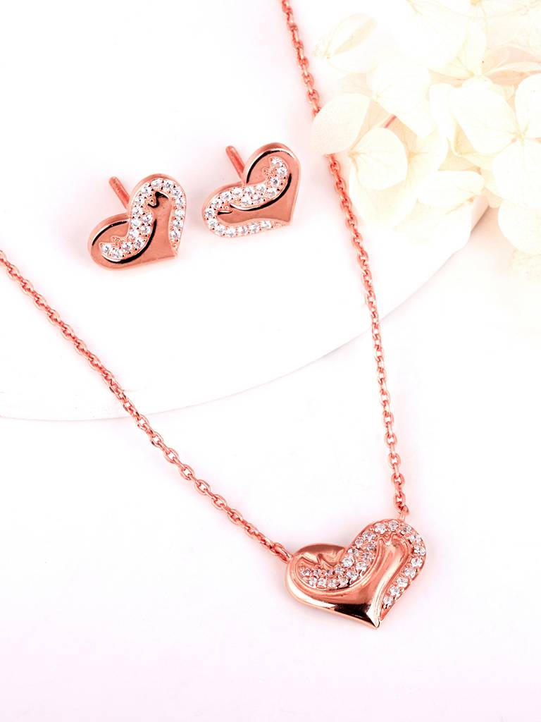 GIVA 925 Sterling Silver Rose Gold Zircon Studded United Hearts Set