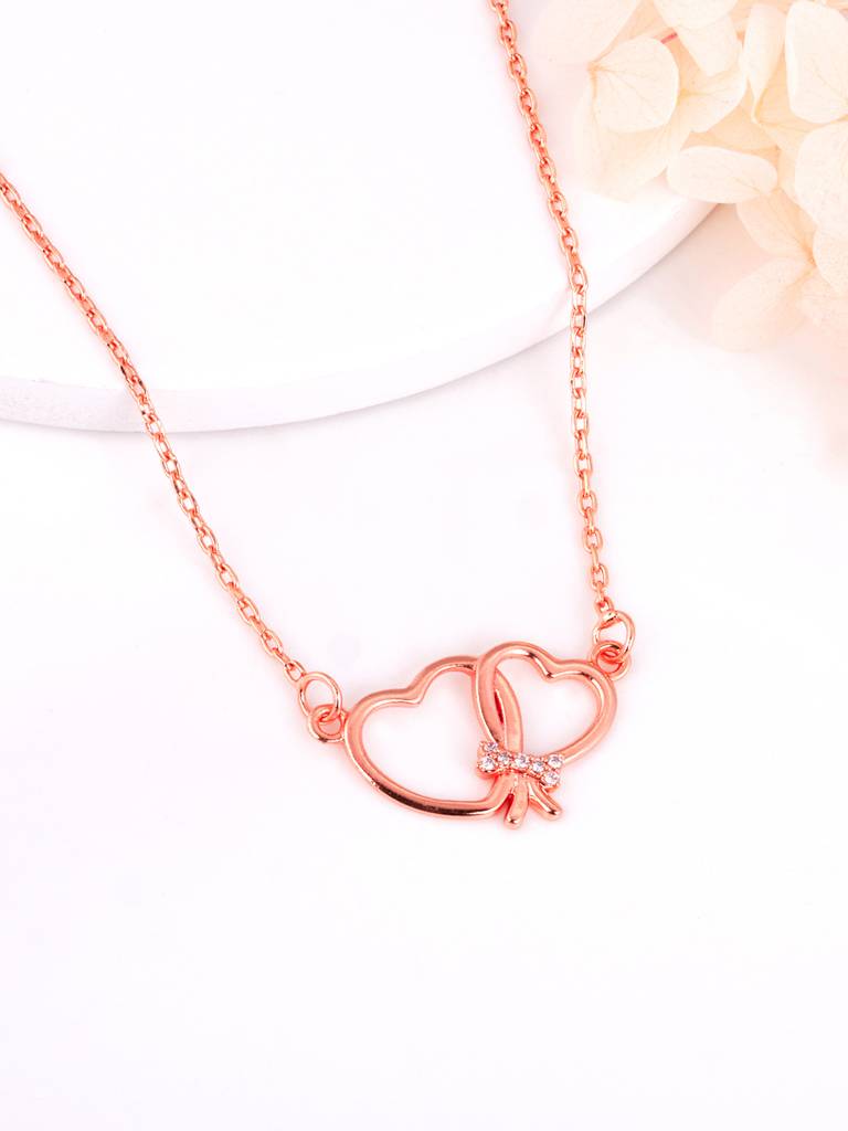 GIVA 925 Sterling Silver Rose Gold Zircon Studded Interlinked Hearts Necklace