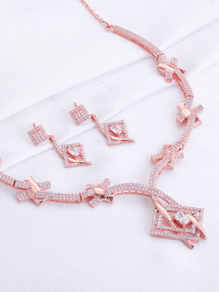 GIVA 925 Sterling Silver Rose Gold Zircon Studded Twig Necklace and Earrings Set