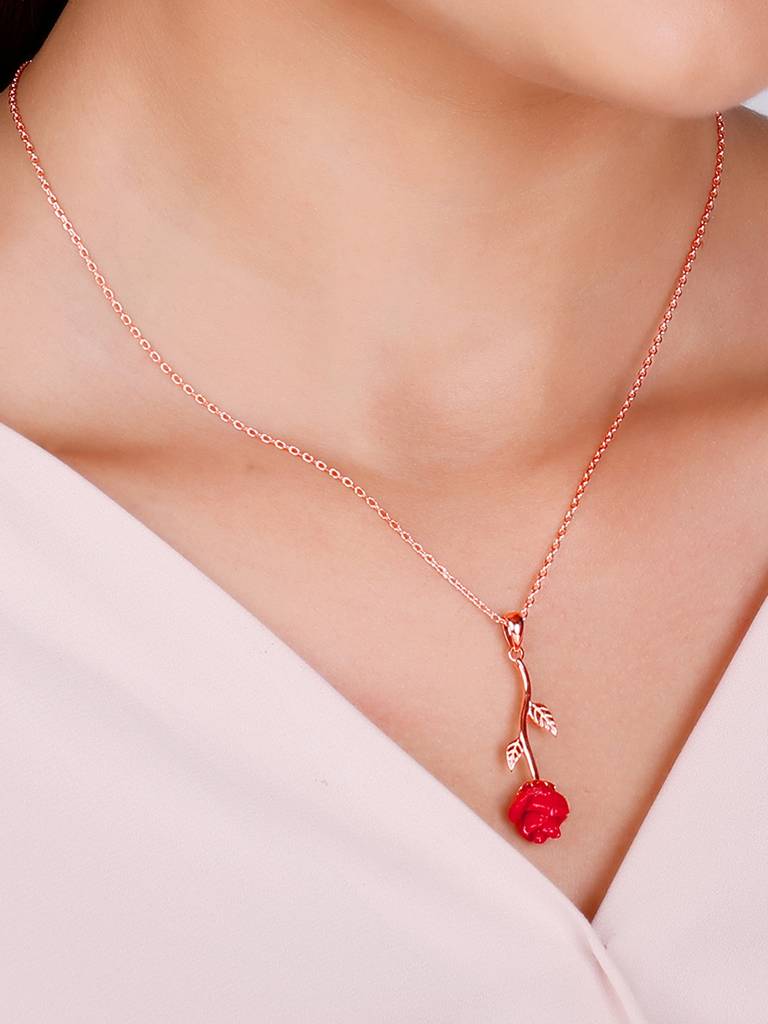 GIVA 925 Sterling Silver Rose Gold Red Rose Pendant with Link Chain