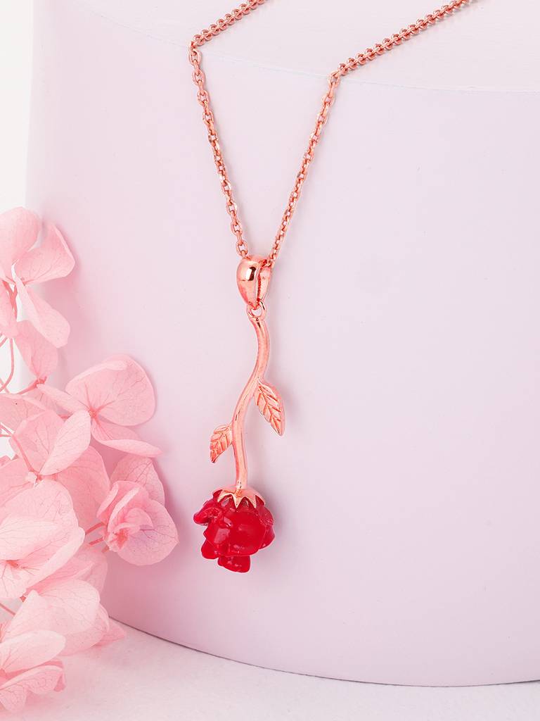 GIVA 925 Sterling Silver Rose Gold Red Rose Pendant with Link Chain
