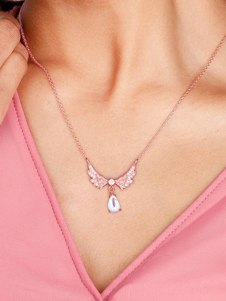 GIVA 925 Sterling Silver Rose Gold Divine Wings Moonstone Drop Necklace