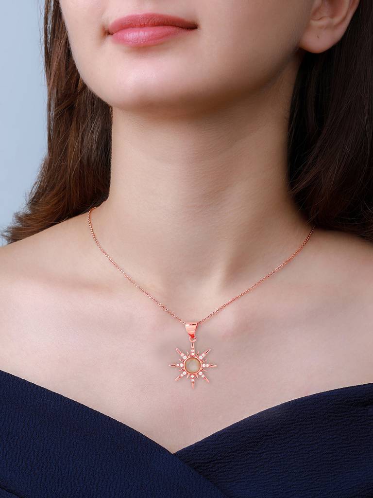 GIVA 925 Sterling Silver Rose Gold Solar Flare Pendant with Link Chain