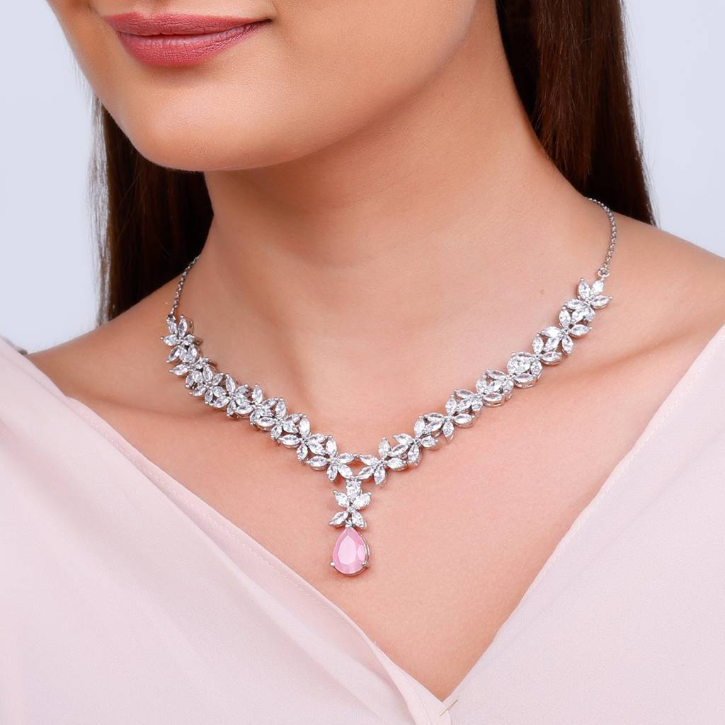 Silver Zircon Studded Magical Drop Necklace : PD01791