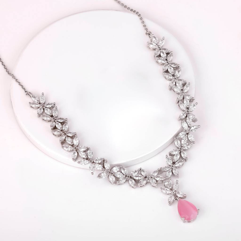 Silver Zircon Studded Magical Drop Necklace : PD01791