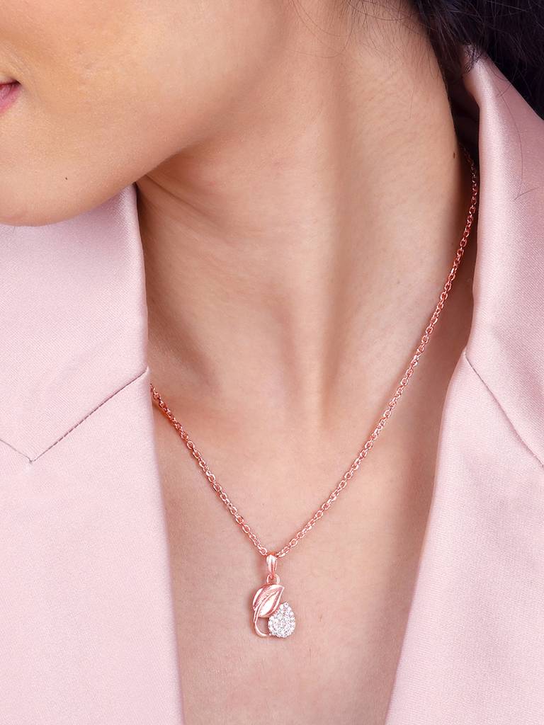Giva 925 Sterling Silver Rose Gold Sprig Of Leaf Pendant With Link Chain