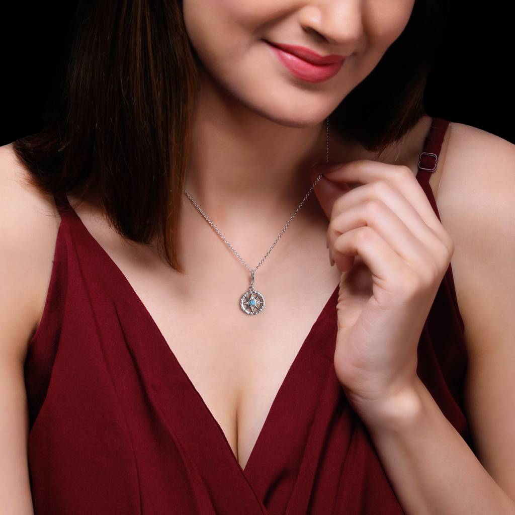 Silver Turquoise Compass Pendant With Link Chain : PD0193