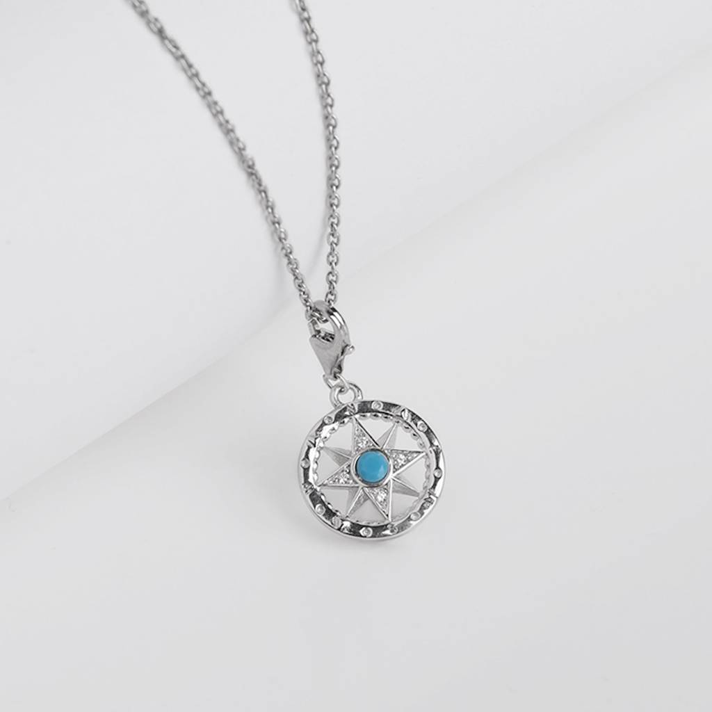 Silver Turquoise Compass Pendant With Link Chain : PD0193