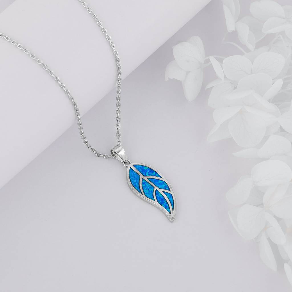 Silver Mystic Blue Leaf Pendant With Link Chain : PD0194