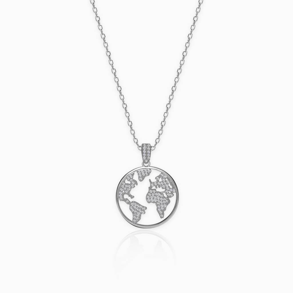 Silver Zircon World Pendant With Link Chain : PD0195