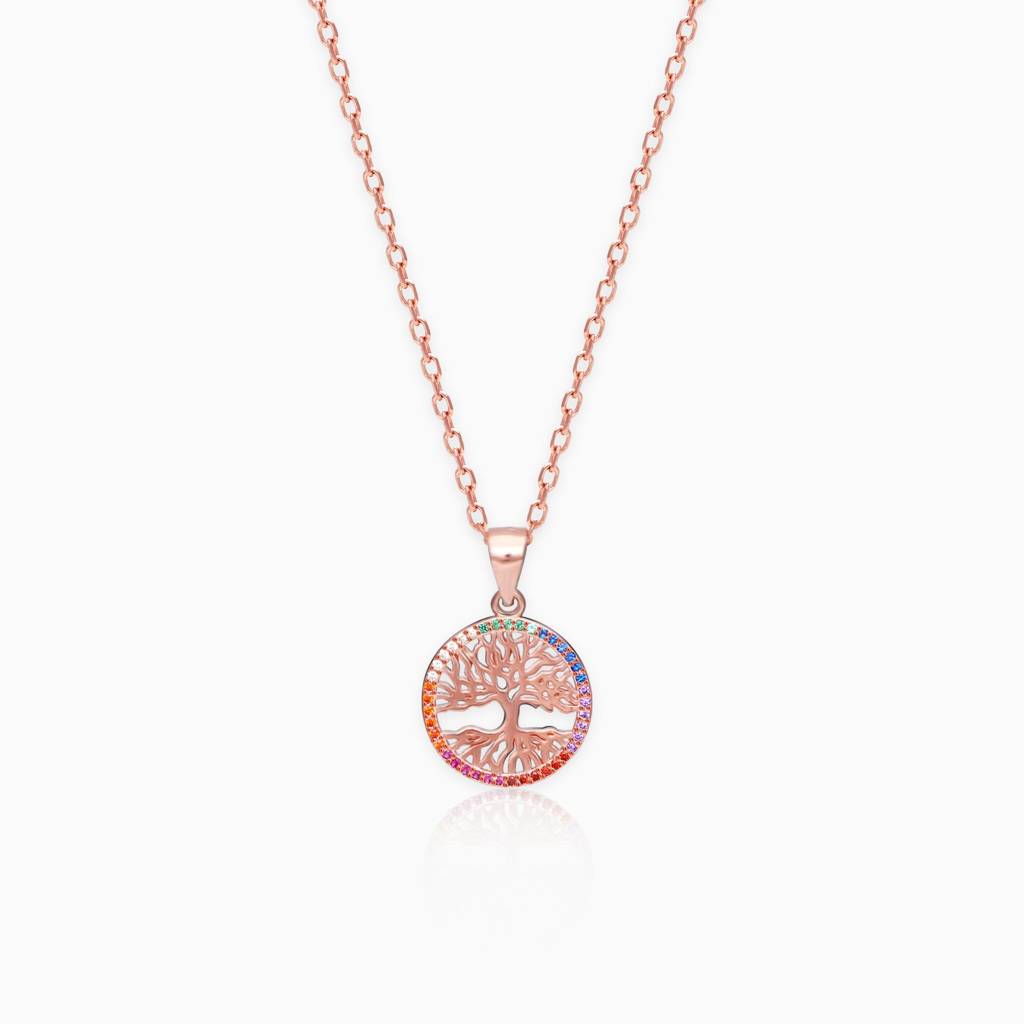 Rose Gold Rainbow Tree Of Life Pendant With Link Chain : PD0207