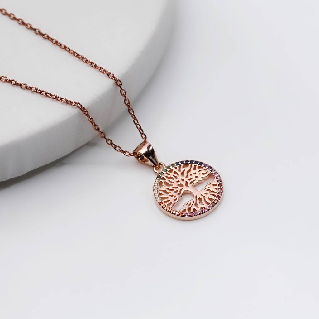 Rose Gold Rainbow Tree Of Life Pendant With Link Chain : PD0207