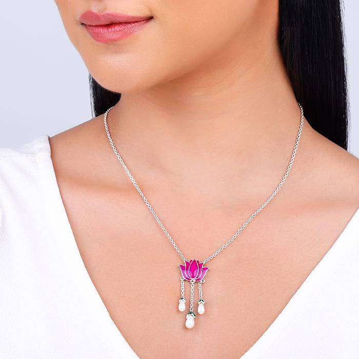 Oxidized Silver Pichwai Lotus Necklace : PD02081