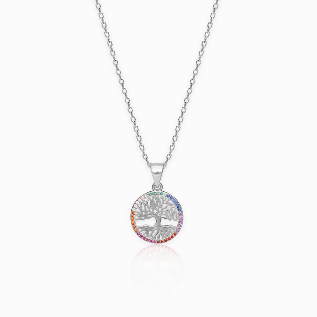 Silver Rainbow Tree Of Life Pendant With Link Chain : PD0209