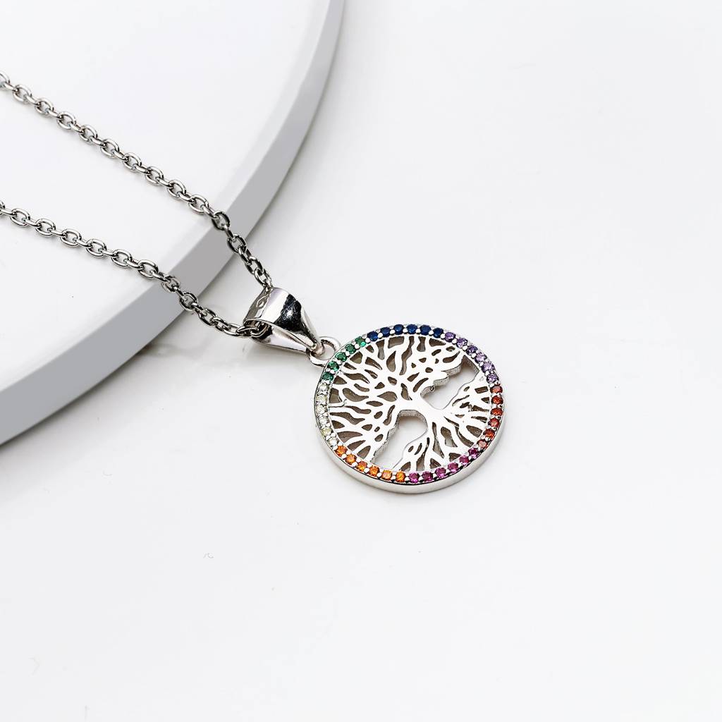 Silver Rainbow Tree Of Life Pendant With Link Chain : PD0209