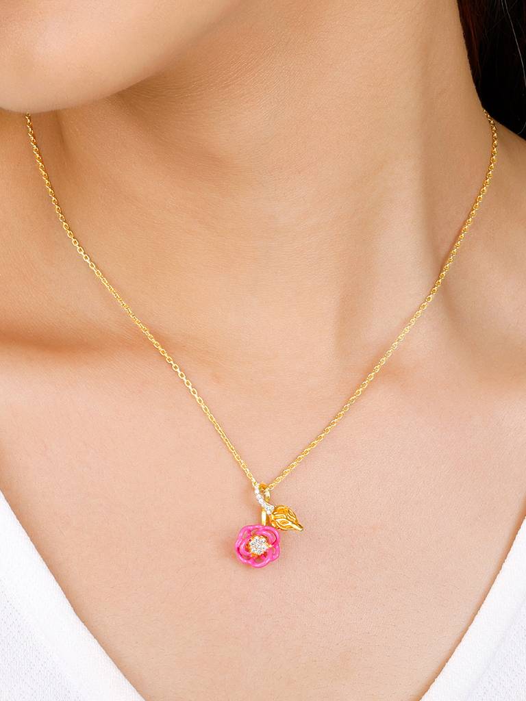 Giva 925 Sterling Silver Bhumi Golden Hot Pink Brahma Kamal Bud Pendant With Link Chain